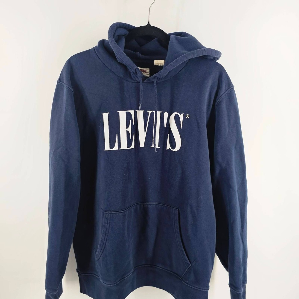 Levi's Hoodie Mens Medium Navy Blue Good Graphic Logo Fleece Pullover Sweatshirt
